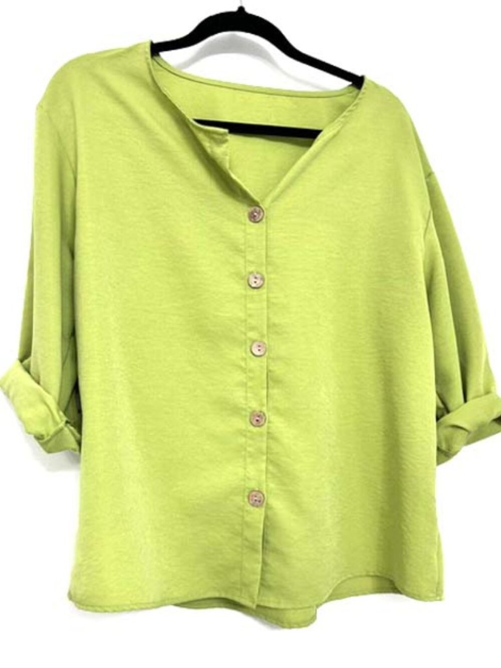 Women's Beautiful V-Neck Button-Up Shirt, Yellow Green, Loose Fit Casual Size XL